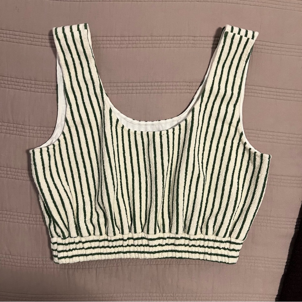 Sunday in Brooklyn Green Cream Terry Striped Crop Top - Picture 5 of 7